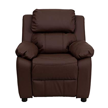 Flash Furniture Deluxe Padded Contemporary Brown Leather Kids Recliner with Storage Arms