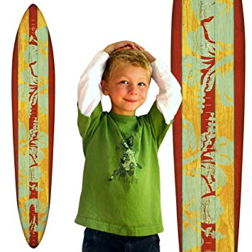 Growth Chart Art | Wooden Surfboard Growth Chart for Boys & Girls | Mahogany Teal Hibiscus