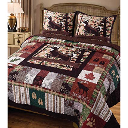 3 Piece Multi Color Wildlife Lodge Themed Quilt Set King, Attractive Stags Footprints Century Leaf Natural Elements Log Cabin Elk Buck Moose Quilted Luxurious Kids Bedding Teen Bedroom, Cotton