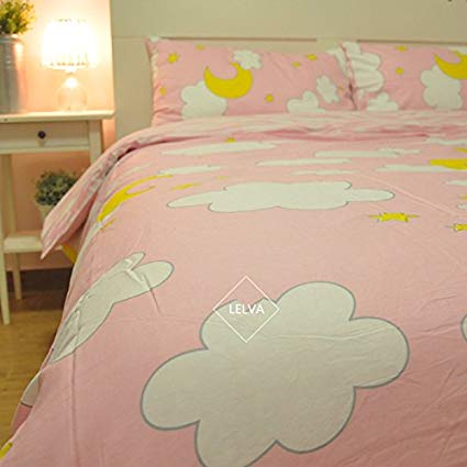 LELVA Pink Clouds Cartoon Pattern Children's Duvet Cover Set Kids Bedding Girls Bedding for Girls Twin Full Queen Size (Flat sheet, Full)