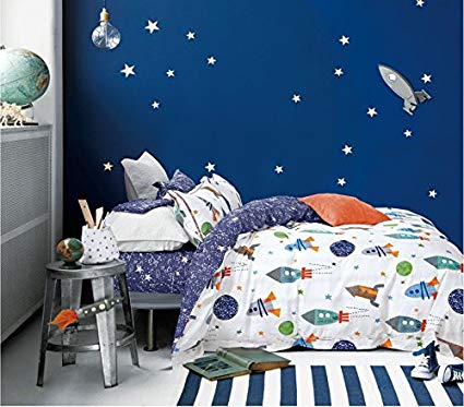 Cliab Space Bedding For Girls Queen Size Kids Duvet Cover Set 100% Cotton 5 Pieces