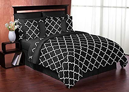 Sweet JoJo Designs 3-Piece Black and White Trellis Childrens and Teen Full/Queen Girl or Boy Bedding Set Collection