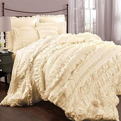 4pc Girls Ivory Ruffled Stripes Pattern Comforter Queen Set, Boho Chic Hippie Indie, Modern Master Bedrooms, Vibrant Solid Color, HighEnd Luxurious Textural Design Bedding