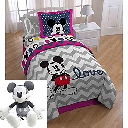 UNK 6pc Kids Mickey Mouse Themed Bedding Full Set, Chevron White Gray Love Pattern, Adorable Children, Cute Disney Mickey Mouse Comforter + Mickey Pillow Buddy