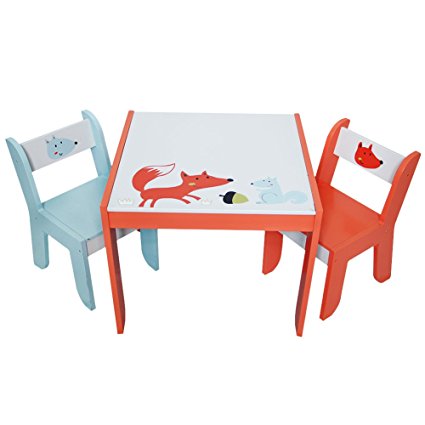 Labebe Wooden Activity Table Chair Set, Fox Printed White Toddler Table for 1-5 Years, Child Furniture/Baby Girl&Boy Furniture/Learning Table/Kid Table Cover/Kid Playroom Furniture/Kid Desk Chair