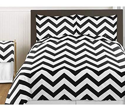 Sweet Jojo Designs 3-Piece Black and White Chevron Childrens and Teen Zig Zag Full / Queen Girl or Boy Bedding Set Collection