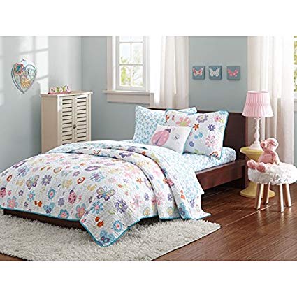 8 Piece Kids Full Butterfly Themed Coverlet Set, Microfiber Sheet, Flowers Butterflies and Ladybugs Bedding, Cute Pink Yellow Blue Animal & Floral Bed in a Bag