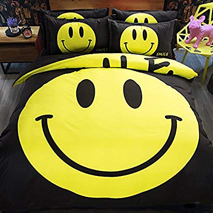 LELVA Kids Bedding Set Happy Smiling Face Printed Bedding Duvet Cover Set Boys and Gilrs Bedding Flat / Fitted Sheet Set Twin Full Queen King (Queen, Fitted Sheet)