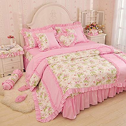 MeMoreCool Home Textile Sweet Design Pastoral Style Floral Lace Princess Bedding Girly Pink Ruffle Duvet Cover Sets Fashion Exquisite Falbala Bed Skirt Full Size 4Pcs