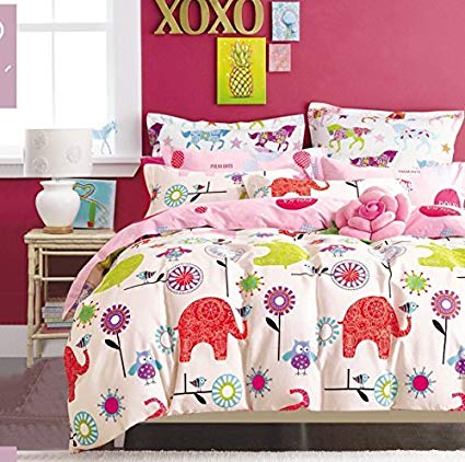 Cliab Elephant Owl Bedding Pink Purple Green Queen Size Birds Flowers for Girls Teen Kids Sheets Duvet Cover Set 100% Cotton 7 Pieces
