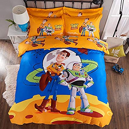 CASA 100% Cotton Kids Bedding Set Boys Toy Story Duvet cover and Pillow cases and Fitted Sheet,4 Pieces,Queen,Woody and Buzz Lightyear