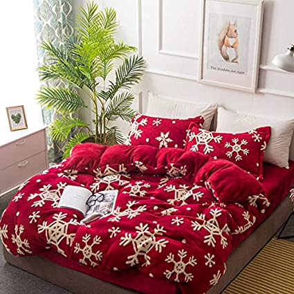 LELVA Microfiber Velvet Duvet Cover Set Snowflake Pattern Design for Christmas Season Bedding Red 4 Piece (Red, Full)