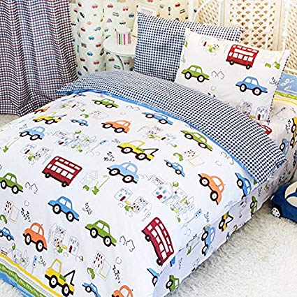 MakeTop Cars Trucks Buses House Pattern White Background Kids Boys Bedding Set (Twin, 3pc without comforter)