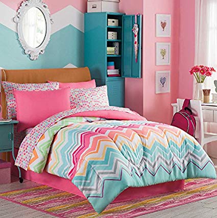 Rainbow Sherbet, Chevron, Teen Girls Colorful Full Comforter Set (8 Piece Bed In A Bag) + HOMEMADE WAX MELT