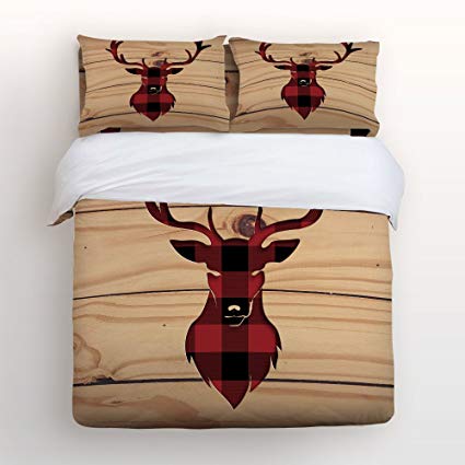 Libaoge 4 Piece Bed Sheets Set, Red Black Buffalo Check Plaid Deer Head with Rustic Old Barn Wood, 1 Flat Sheet 1 Duvet Cover and 2 Pillow Cases