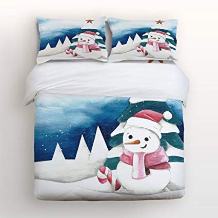Libaoge 4 Piece Bed Sheets Set, Hand Painted Winter Snowman Merry Christmas, 1 Flat Sheet 1 Duvet Cover and 2 Pillow Cases