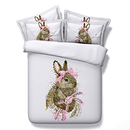 EsyDream 3D Oil Pink Rabbit Princess Gift Bedding Sets Twin Size 4PC,100% Cotton Love Pink Rabbit Girls Duvet Cover Sheet,Full/Queen Size (4PC/Set)
