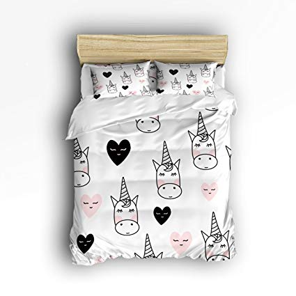 Libaoge 4 Piece Bed Sheets Set, Lovely Cartoon Unicorn with Black Pink Hearts Print, 1 Flat Sheet 1 Duvet Cover and 2 Pillow Cases