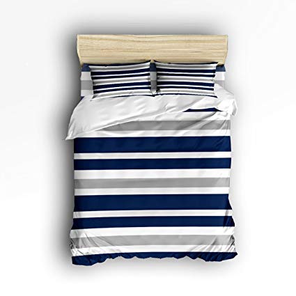 CHARMHOME Navy Blue, Gray and White Stripe 4 Piece Bedding Set- Collection Twin Size Duvet Cover Set Bedspread for Childrens/Kids/Teens/Adults, 4 Piece 100% Cotton - Twin Size