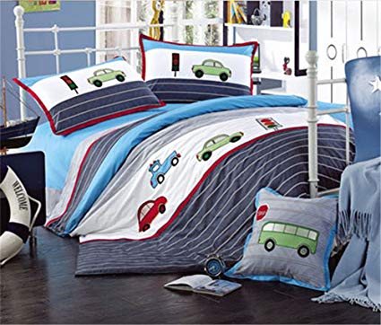 Auvoau Trucks Tractors Cars Boys 4-Piece Comforter Sheet Set,Kids Bedding Set,Blue Red, Twin Full (Queen)