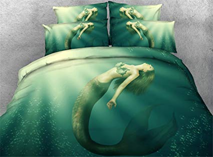 3D Mermaid Bedding Sets - Jameswish 2018 New Design Blue Bed Sheets Heavy-Duty Fabric Bedding For Kids Girls 1Duvet Cover 1Flat Sheet 2Pillowshams King Queen Full Twin Size