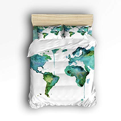 Full Size Bedding Set- World Map Duvet Cover Set Bedspread for Childrens/Kids/Teens/Adults, 4 Piece 100 % Cotton