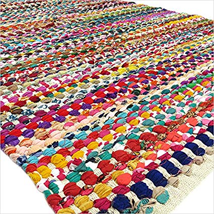 Eyes of India - 5 X 7 ft Colorful Woven Chindi Area Rag Multicolor White Rug Floor Mat Bohemian Boho Decorative Indian