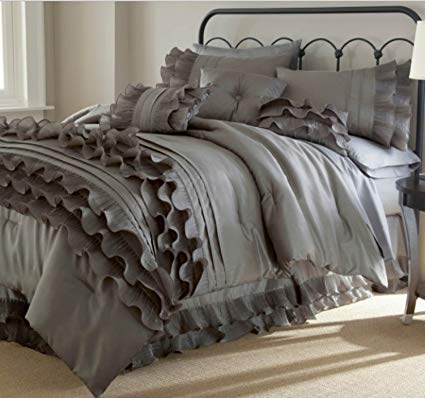 8 Piece Textured Frills Ruffles Design Comforter Set King Size, Featuring Solid Elegant Shabby Chic Printed Pattern Comfortable Bedding, Stylish French Country Girls Bedroom Decor, Grey, Platinum