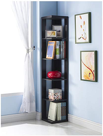 Black Finish Wood Wall Corner 5-Tier Bookshelf Bookcase