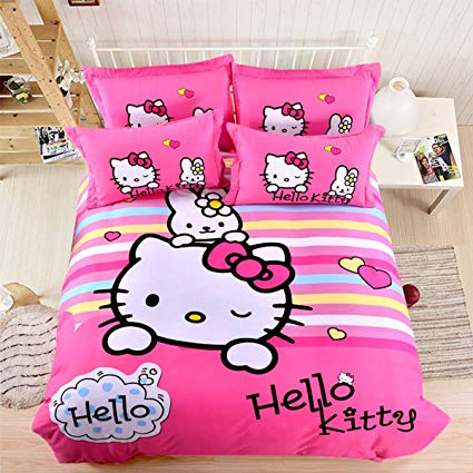 CASA 100% Cotton Brushed Kids bedding Hello Kitty Duvet Cover Set & Fitted Sheet,4 Piece,Queen