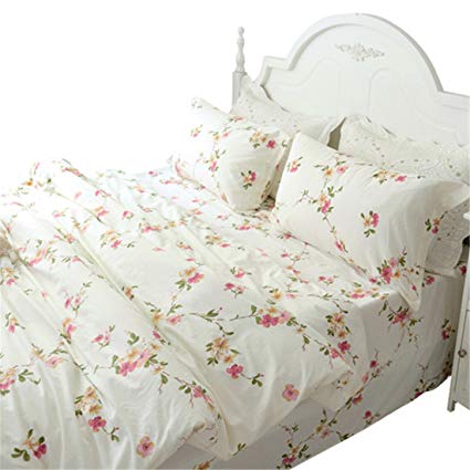 Lotus Karen Pastoral Shabby Floral Korean Bedding Sets100% Cotton 4PC Pink Flowers Girls Bedding,1Duvet Cover,1Flat Sheet,2Pillowcases,King Queen Full Twin Size