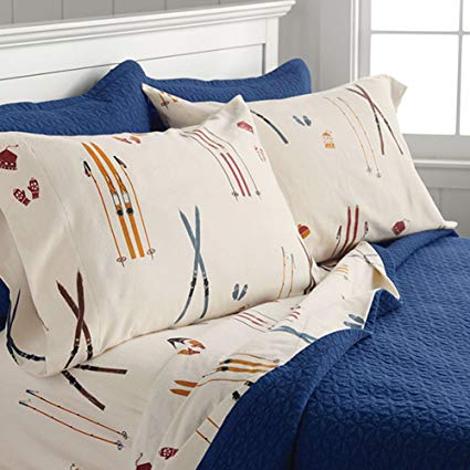 Orvis Vintage Skis Flannel Sheet Set, Duvet Cover, And Sham/Only Twin Sheet Set, Twin