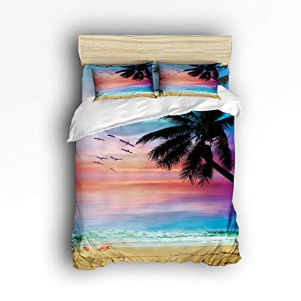 Full Size Bedding Set- Coconut Trees Tropical Beach Sunset Duvet Cover Set Bedspread for Childrens/Kids/Teens/Adults, 4 Piece 100 % Cotton