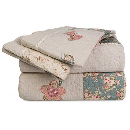 MAXYOYO New!Embroidered Patch Butterfly and Floral American Country Style Design Irregular Shape Quilt Set,Teen Girl's Quilt Throw,Beautiful Bedspreads,Lightweight Cotton Quilt 3Pcs Full/Queen Size