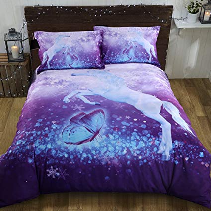 Beddingin Purple 3d Unicorn Bedding Flying Buttryfly Duvet Covers Set 4 Pieces Flat Sheet Set(King)