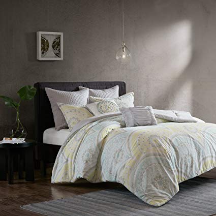Urban Habitat Matti Comforter Set King/Cal King Bedding Sets Bed In A Bag - Pale Aqua, Yellow, Medallion – 7 Piece Teen Bed Set – 100% Cotton Percale Bed Comforter