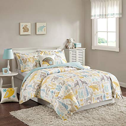INK+IVY Kids Woodland Full/Queen Kids Bedding Sets - Yellow Aqua, Animal – 4 Pieces Kids Comforter Set – Cotton Childrens Bedroom Bed Comforters