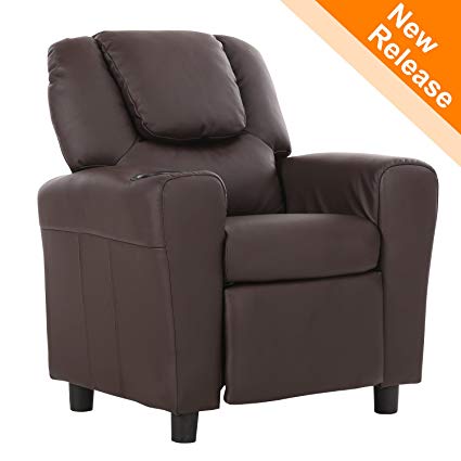 LCH Kids Recliner with Cup Holder and Headrest, Mini Little Small Recliner Sofa Chair for Baby Toddler Boys Girls Childrens - Deep Brown