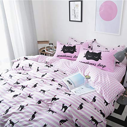 HIGOGOGO 4-piece Home Textiles 100% Cotton Fashion Black Cat Duvet Cover Set, Pink White Plaid Flat Sheet, Children's Bedding Set Queen Size (Queen)