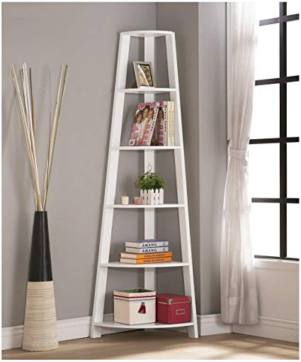 White Finish Wood Wall Corner 5-Tier Bookshelf Bookcase Accent Etagere