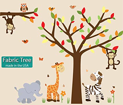 Fabric Safari Sunset Jungle Tree Wall Decals, Jungle Stickers with Orange, Green and Yellow Leaves