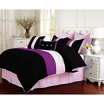 U.A.A. INC. 8pc Girls Purple Pink Stripe Theme Comforter Full Set, Trendy Chic Horizontal Vertical Striped Bedding, Solid Black Pattern, Girly Classy Stitched Stripes Color Block Themed