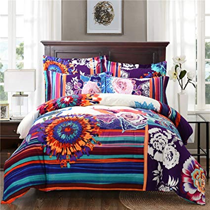 Auvoau Boho Style Duvet Cover Set, Colorful Stripe Sheet Sets, Bohemia Bedding Set Baroque Style Bedding Set 4pcs Queen King Size (Full, Fitted Sheet-1)