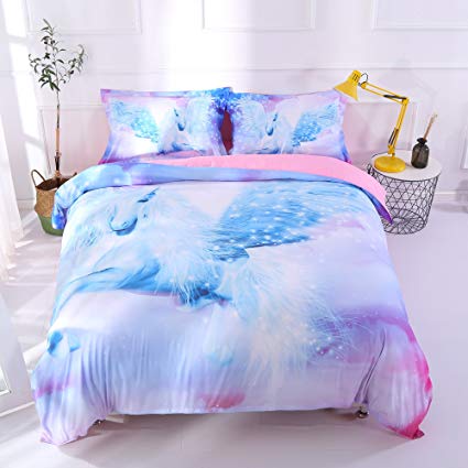 Beddinginn Newest Flying Unicorn With Wings 3d White 4-Piece Duvet Cover Set Purple Flat Sheet Set For Girls(King Size)