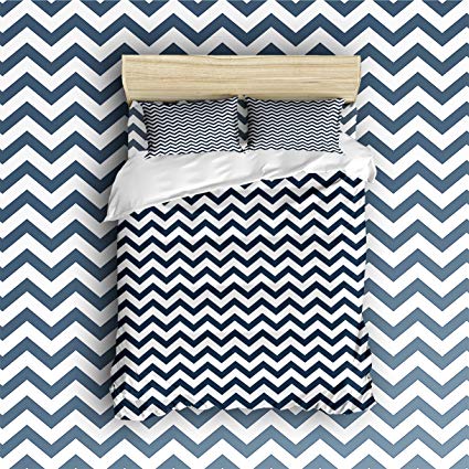 Wave Stripe Chevron Print for Kids Boys Girls Bed Sheets 100% Cotton Duvet Cover Set 4 Pieces-Deep Blue (Full)