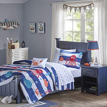 D&H 4 Piece Kids Navy Blue White Red Orange Under Water Sea Life Theme Comforter Full Set, Stylish All Over Stripe Bedding, Cute Fun Multi Whale Octopus Crab Star Fish Striped Themed Pattern