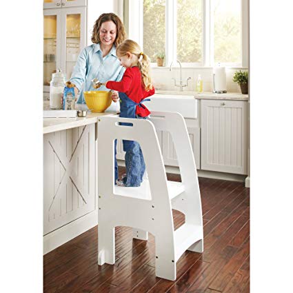 Guidecraft Step Up Kitchen Helper - White: Adjustable Height Wooden Safety Rails Cooking Step Stool For Kids, Little Chef Learning Furniture