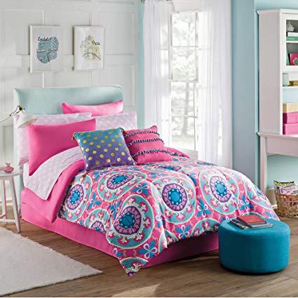 Emily 8 Piece Kids and Teens Pink Contemporary Medallion Down FULL Comforter Set for Girls with European Pillow Sham