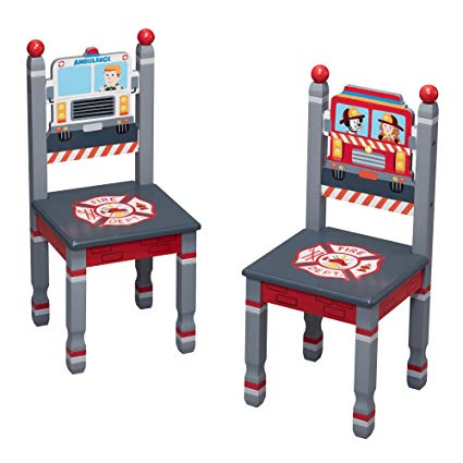 Fantasy Fields Little Fire Fighters Kids Wooden Hand Painted Set of 2 Chairs, Red/Little Fire Fighters