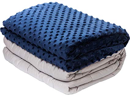 10lb Weighted Blanket with Dot Minky Cover for Kids Teens 80-120lb individual.Help Children with Sleep Issues Anxiety Autism Stress (Inner Light Gray/Cover Navy Blue & Gray, 48